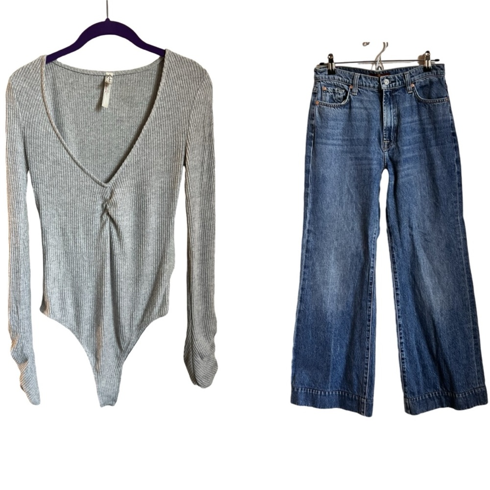 Soft gray ultra long sleeve free people bodysuit - S